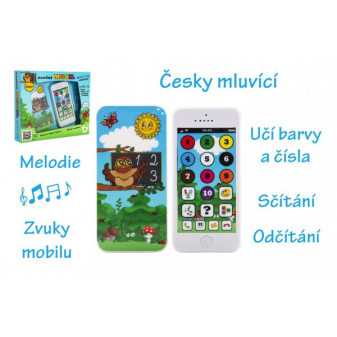 Naučný mobilní telefon s krytem Moudrá sova plast na baterie se zvukem v krabici  12m+