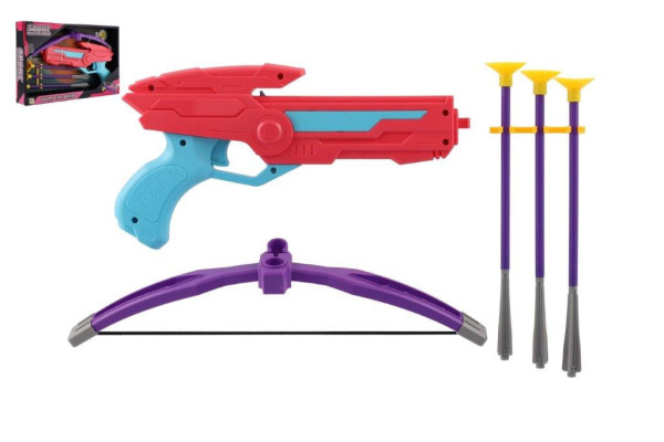 Kuše 27cm + šípy na přísavky 3ks plast růžová v krabici 33x21x5cm