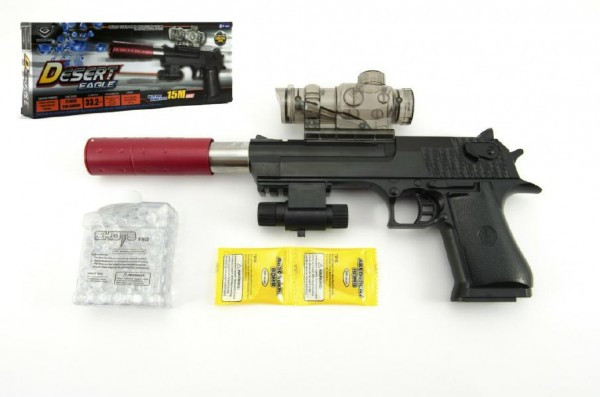 Pistole plast kov 33cm na vodní kuličky + náboje 9-11mm na baterie se světlem v krabici