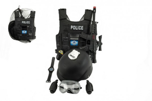 Sada policejní pistole a přilba s doplňky plast 30cm v síťce
