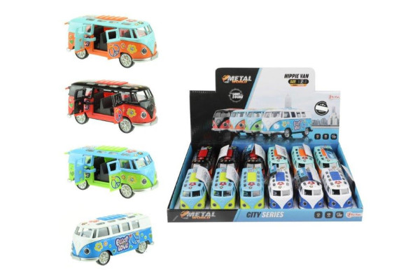 Autobus retro kov plast 12cm na baterie se zvukem se světlem na zpětné natažení 4 barvy