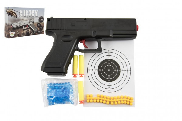 Pistole na kuličky 20cm plast + vodní kuličky 6mm,pěnové náboje 3ks,gumové kul.