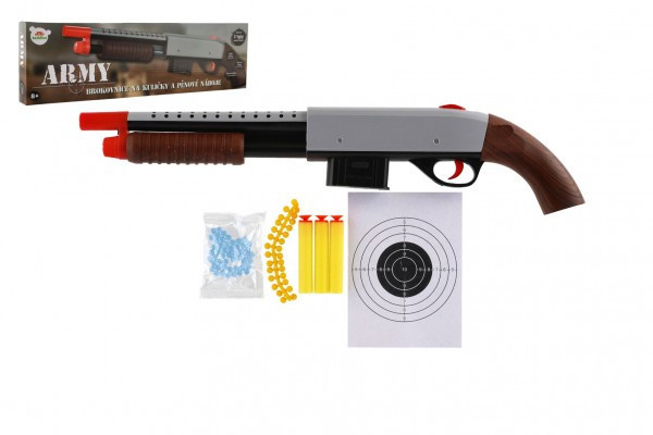 Brokovnice puška 46cm plast + vodní kuličky 6mm,pěnové náboje, gumové kuličky v krabici
