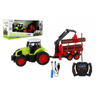 Traktor RC s vlekem na dřevo plast 38cm 27MHz + dobíjecí pack na dálkové ovládání