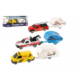 Auto s mini karavanem kov/plast 14cm na volný chod 3 druhy v krabičce