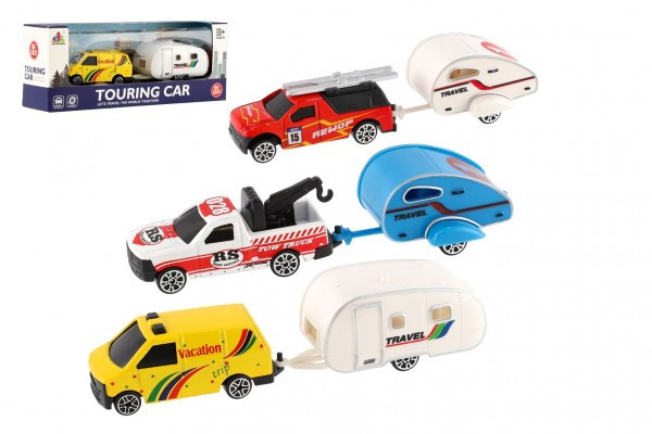 Auto s mini karavanem kov/plast 14cm na volný chod 3 druhy v krabičce