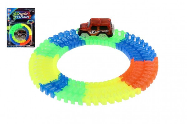 Dráha svítící ve tmě + auto na baterie plast 57ks délka 62cm na kartě