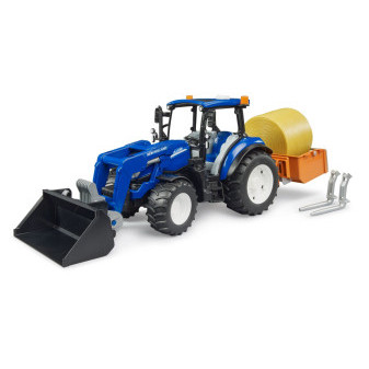 Bruder 2187 traktor New Holland T5.120 s čelním nakladačem, korbou, vidlemi a kulatým balíkem