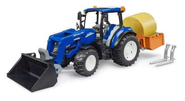 Bruder 2187 traktor New Holland T5.120 s čelním nakladačem, korbou, vidlemi a kulatým balíkem