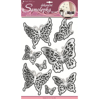 Anděl pokojová dekorace samolepící motýli zrcadloví s černým glitrem 50 x 30 cm