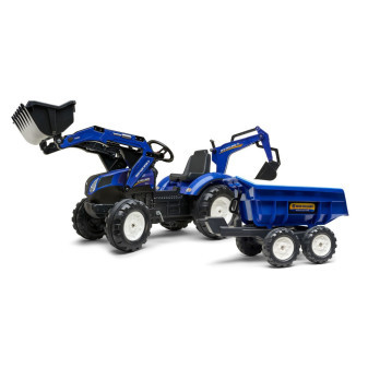 Falk Traktor šlapací New Holland T modrý s přední i zadní lžící a přívěsem