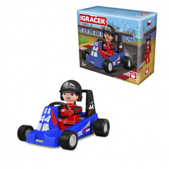 Igráček závodník s modrou motokárou