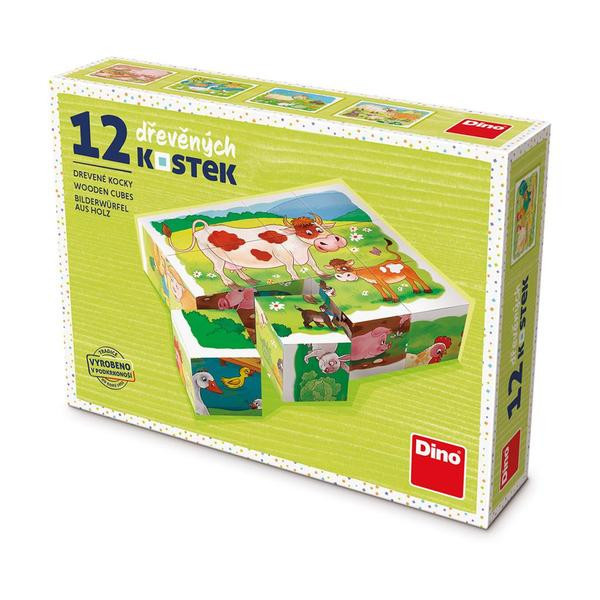 Dino Dřevěné kostky 12 ks -  Na Farmě