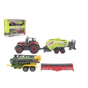 Sada farma traktor s příslušenstvím 4ks kov plast mix druhů v krabici 21x15x6cm