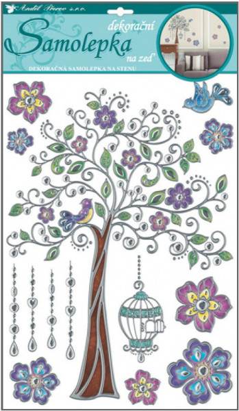 Anděl samolepka na zeď barevný strom ze stříbrnou konturou 41 x 29 cm