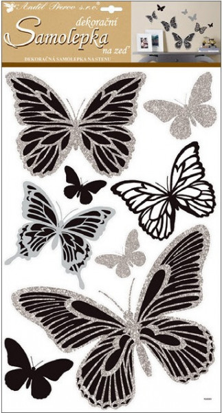 Anděl samolepky na zeď motýli se stříbrnými glitry 60x32 cm