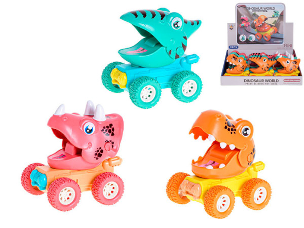 Auto dinosaurus 11cm po stlačení jezdící 3druhy 3barvy 18m+