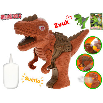 Dinoworld dinosaurus 17cm na baterie se světlem a zvukem vytvářející páru 2barvy v krabičce