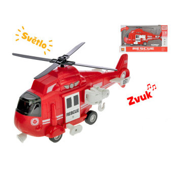 Helikoptéra 28cm na setrvačník na baterie se světlem a zvukem červená v krabi
