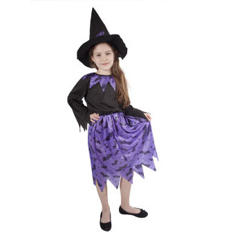 Dětský kostým čarodějnice s netopýry a kloboukem/Halloween (S)