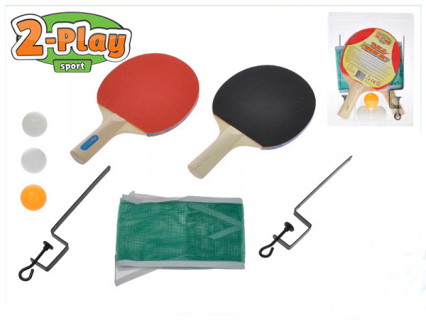 Sada na stolní tenis ping pong pálky dřevěné 25 cm 2 ks + 3 ks míčků se síťkou