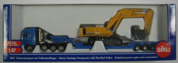 SIKU 1847 Těžký transporter s valníkem + bagr náklad s podvalníkem