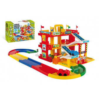Wader 50470 Garáž servis 3 patra + dráha 1,5m + 2 auta plast v krabici 59x40x15cm