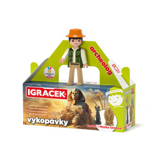 Igráček Archeolog figurka s egyptskými vykopávkami masky faraona a sošky bohyně Bastet