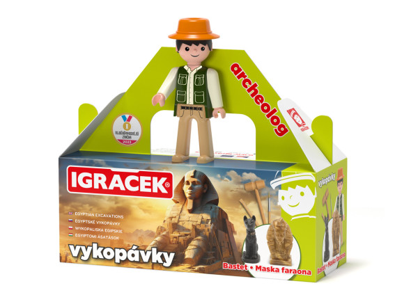 Igráček Archeolog figurka s egyptskými vykopávkami masky faraona a sošky bohyně Bastet